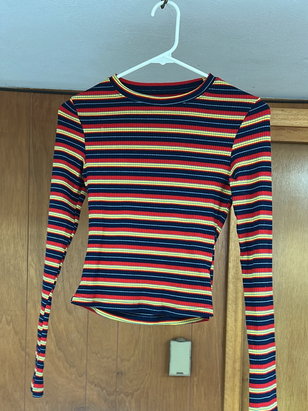 SHEIN Navy, Red, Yellow and Cream Striped Ribbed Long Sleeve Top